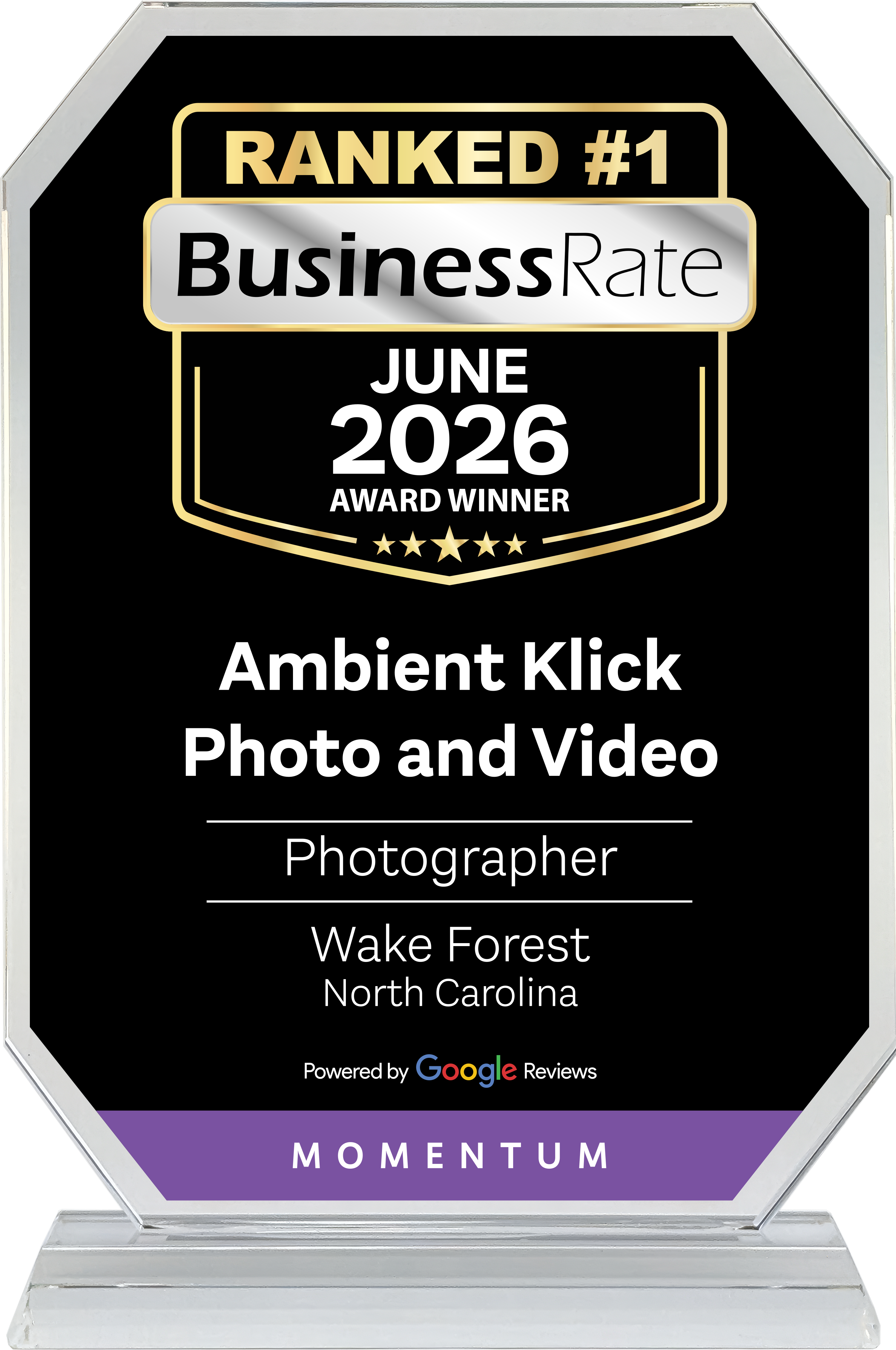 BusinessRate June 2026 Ranked #1 Photographer Award — Ambient Klick Photo and Video, Wake Forest, North Carolina